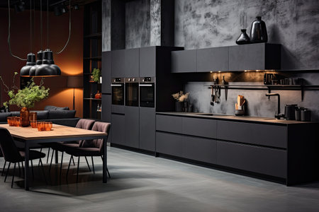 Luxury kitchen interior design with black walls, concrete floor, dark wooden countertops, black cupboards and dining table with black chairsの素材