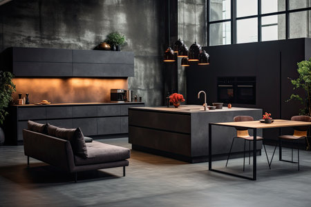 Luxury kitchen interior design with black walls, concrete floor, dark wooden countertops, black cupboards and dining table with black chairsの素材