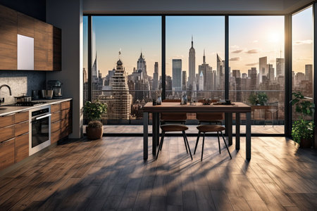 Luxury kitchen interior with white marble countertop, sink and window with panoramic viewの素材