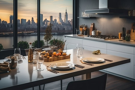 Luxury kitchen interior with white marble countertop, sink and window with panoramic viewの素材