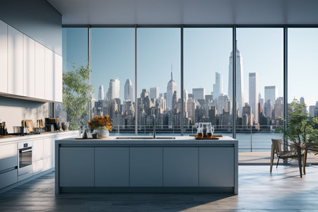 Luxury kitchen interior with white marble countertop, sink and window with panoramic viewの素材