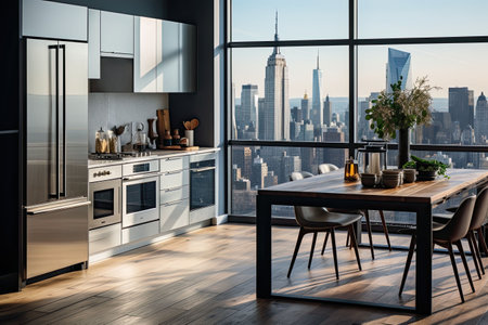 Luxury kitchen interior with white marble countertop, sink and window with panoramic viewの素材