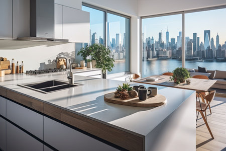 Luxury kitchen interior with white marble countertop, sink and window with panoramic viewの素材