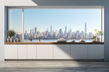 Luxury kitchen interior with white marble countertop, sink and window with panoramic viewの素材