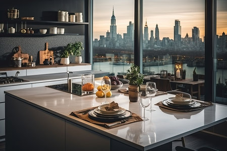 Luxury kitchen interior with white marble countertop, sink and window with panoramic viewの素材