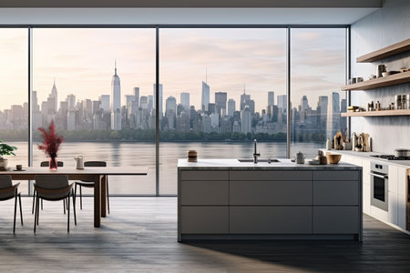 Luxury kitchen interior with white marble countertop, sink and window with panoramic viewの素材