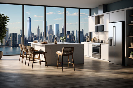 Luxury kitchen interior with white marble countertop, sink and window with panoramic viewの素材