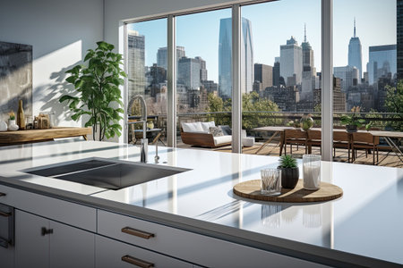 Luxury kitchen interior with white marble countertop, sink and window with panoramic viewの素材