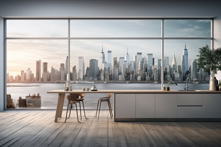 Luxury kitchen interior with white marble countertop, sink and window with panoramic viewの素材