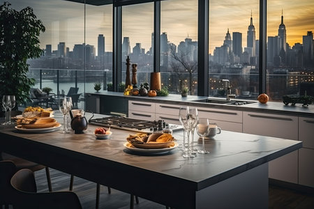 Luxury kitchen interior with white marble countertop, sink and window with panoramic viewの素材