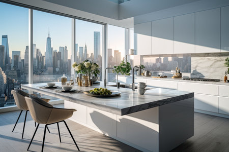 Luxury kitchen interior with white marble countertop, sink and window with panoramic viewの素材