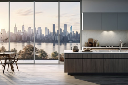 Luxury kitchen interior with white marble countertop, sink and window with panoramic viewの素材