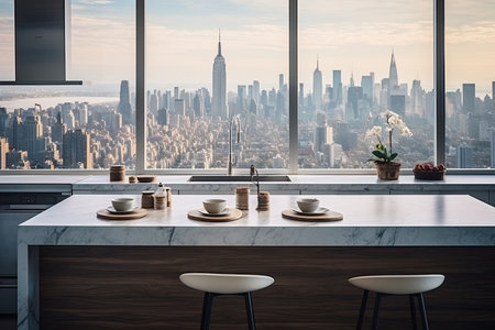 Luxury kitchen interior with white marble countertop, sink and window with panoramic viewの素材