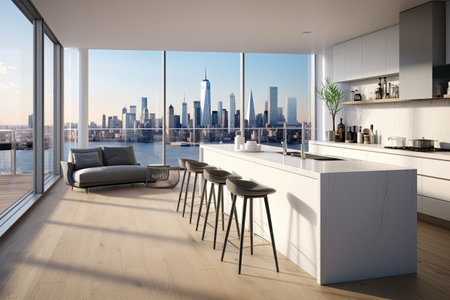 Luxury kitchen interior with white marble countertop, sink and window with panoramic viewの素材