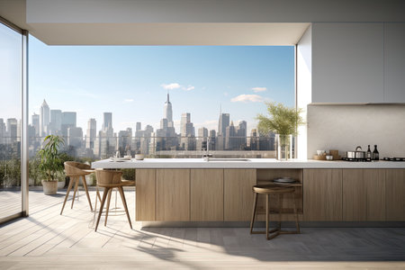 Luxury kitchen interior with white marble countertop, sink and window with panoramic viewの素材