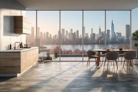 Luxury kitchen interior with white marble countertop, sink and window with panoramic viewの素材