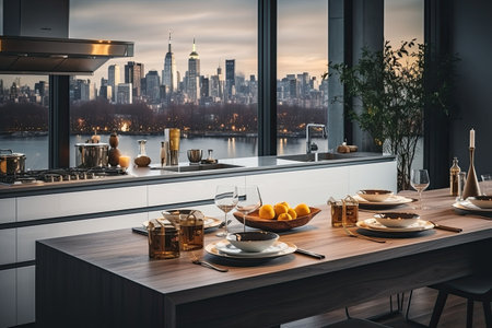 Luxury kitchen interior with white marble countertop, sink and window with panoramic viewの素材
