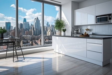 Luxury kitchen interior with white marble countertop, sink and window with panoramic viewの素材