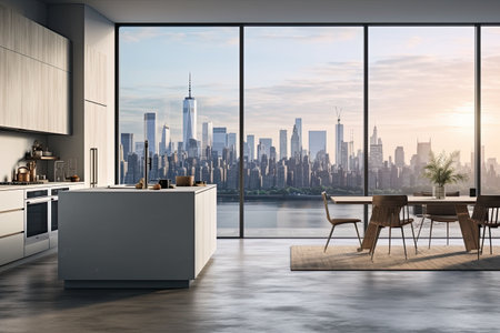 Luxury kitchen interior with white marble countertop, sink and window with panoramic viewの素材