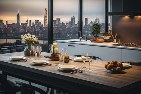 Luxury kitchen interior with white marble countertop, sink and window with panoramic viewの素材