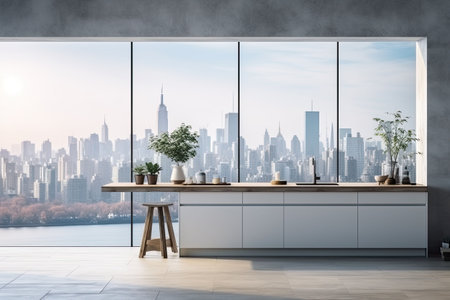 Luxury kitchen interior with white marble countertop, sink and window with panoramic viewの素材