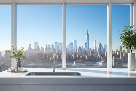 Luxury kitchen interior with white marble countertop, sink and window with panoramic viewの素材
