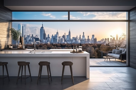 Luxury kitchen interior with white marble countertop, sink and window with panoramic viewの素材