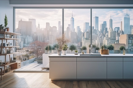 Luxury kitchen interior with white marble countertop, sink and window with panoramic viewの素材