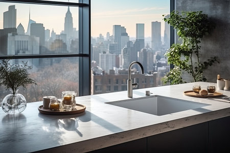 Luxury kitchen interior with white marble countertop, sink and window with panoramic viewの素材