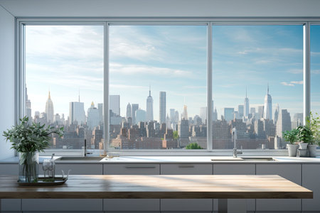 Luxury kitchen interior with white marble countertop, sink and window with panoramic viewの素材