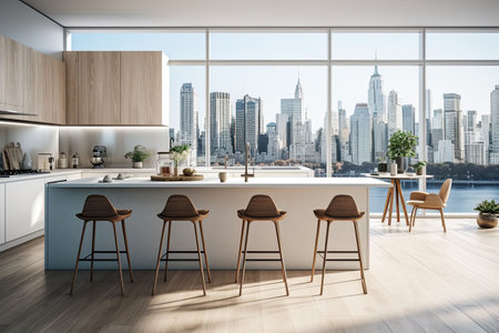 Luxury kitchen interior with white marble countertop, sink and window with panoramic viewの素材