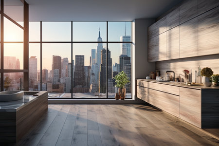 Luxury kitchen interior with white marble countertop, sink and window with panoramic viewの素材