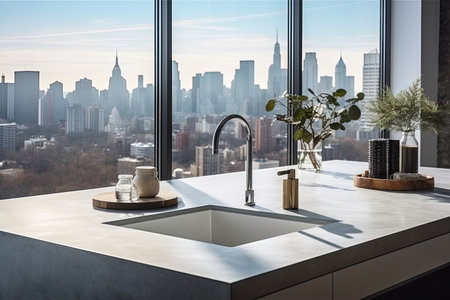 Luxury kitchen interior with white marble countertop, sink and window with panoramic viewの素材