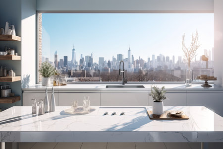 Luxury kitchen interior with white marble countertop, sink and window with panoramic viewの素材