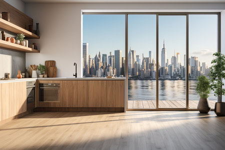 Luxury kitchen interior with white marble countertop, sink and window with panoramic viewの素材