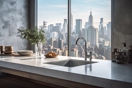 Luxury kitchen interior with white marble countertop, sink and window with panoramic viewの素材