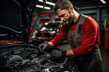 Auto mechanic working on car broken engine in mechanics service or garage. Transport maintenance wrench detialの素材