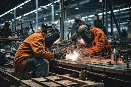 Industrial workers in a factory welding steel structure with sparks. Metalwork manufacturing and construction conceptの素材