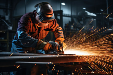 Industrial workers in a factory welding steel structure with sparks. Metalwork manufacturing and construction conceptの素材