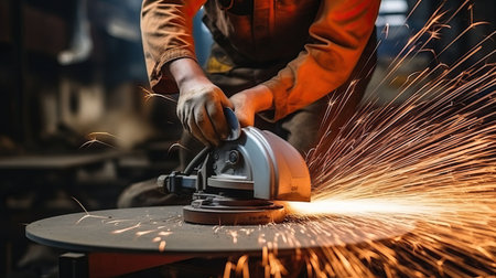 Industrial workers in a factory welding steel structure with sparks. Metalwork manufacturing and construction conceptの素材