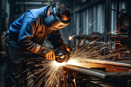 Industrial workers in a factory welding steel structure with sparks. Metalwork manufacturing and construction conceptの素材