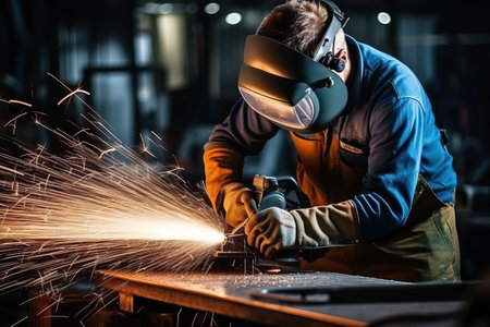 Industrial workers in a factory welding steel structure with sparks. Metalwork manufacturing and construction conceptの素材