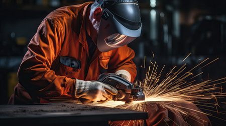 Industrial workers in a factory welding steel structure with sparks. Metalwork manufacturing and construction conceptの素材