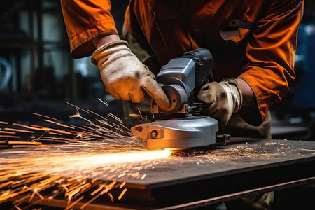 Industrial workers in a factory welding steel structure with sparks. Metalwork manufacturing and construction conceptの素材