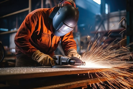 Industrial workers in a factory welding steel structure with sparks. Metalwork manufacturing and construction conceptの素材