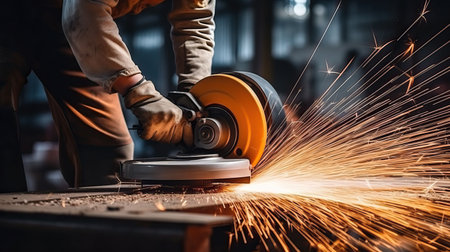 Industrial workers in a factory welding steel structure with sparks. Metalwork manufacturing and construction conceptの素材