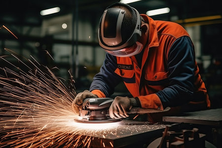 Industrial workers in a factory welding steel structure with sparks. Metalwork manufacturing and construction conceptの素材