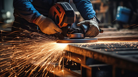 Industrial workers in a factory welding steel structure with sparks. Metalwork manufacturing and construction conceptの素材