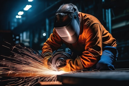 Industrial workers in a factory welding steel structure with sparks. Metalwork manufacturing and construction conceptの素材