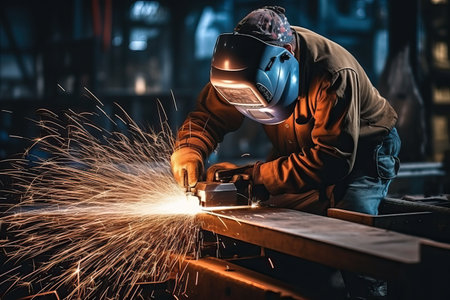 Industrial workers in a factory welding steel structure with sparks. Metalwork manufacturing and construction conceptの素材
